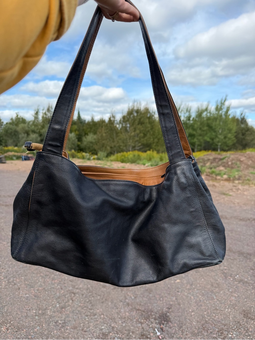 Black Leather Shoulder Bag with Tan Interior Trim